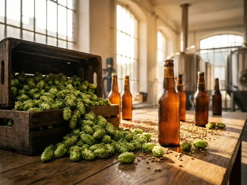 Hoe heeft de hop-industrie de IPA-markt beïnvloed? 8 Verse groene hopbellen vallen uit houten kratten op brouwerijatafel met amber IPA-flessen en gouden gerstkorrels