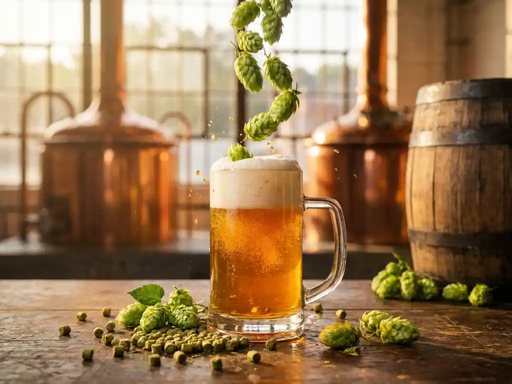 Verse groene hopbellen vallen in goudkleurig IPA-bier op rustieke brouwerijatafel met warme verlichting