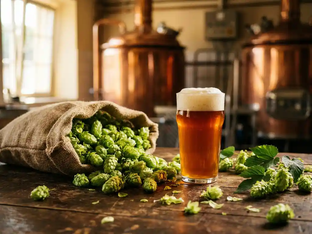 Verse hopbellen stromen uit jute zak op houten brouwerijstafel met amber IPA glas en schuimkraag, warme gouden verlichting