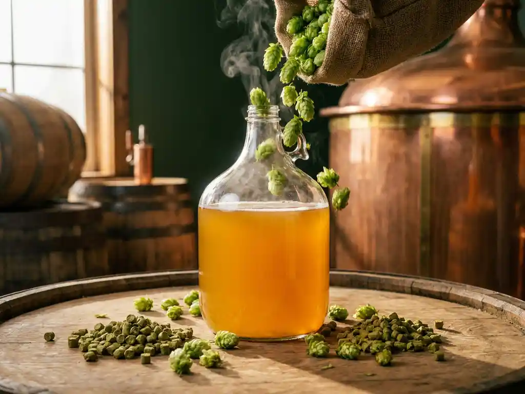 Verse hopbellen vallen in glazen gistingsvat met gouden IPA bier, gedroogde hoppellets op eiken brouwtafel