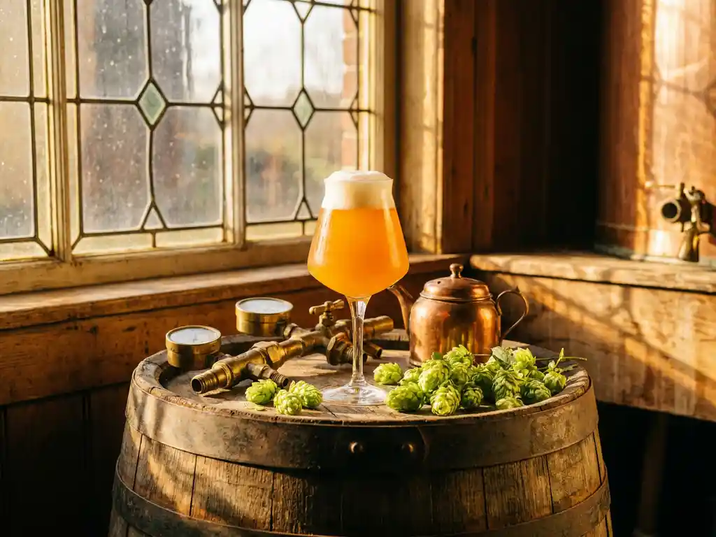 Wat is een Imperial IPA en waar komt die naam vandaan? 10 Amber Imperial IPA glas gevuld met gouden bier op houten vat, omringd door verse hopbellen en vintage brouwapparatuur