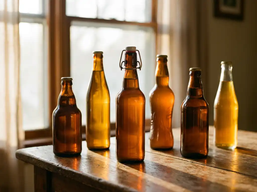 Vijf internationale bierflessen met amber en gouden tinten op houten tafel, zachte middagzon creëert warme reflecties op glas