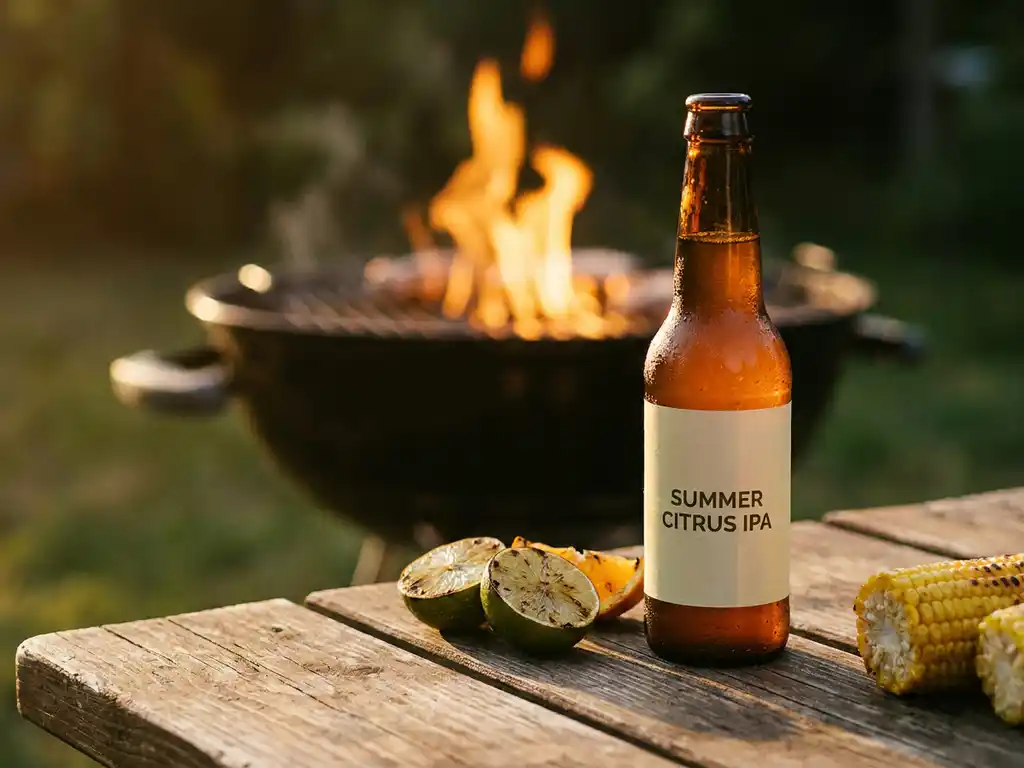 Gekoelde IPA-fles met condensdruppels op houten picknicktafel naast barbecue met gouden vlammen en gegrilde maïs