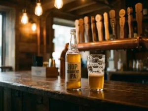 Kristallklare IPA-Flasche mit goldbernsteinfarbenem Bier und Hopfenablagerungen neben einem halb leeren Glas auf einer rustikalen Holzbar