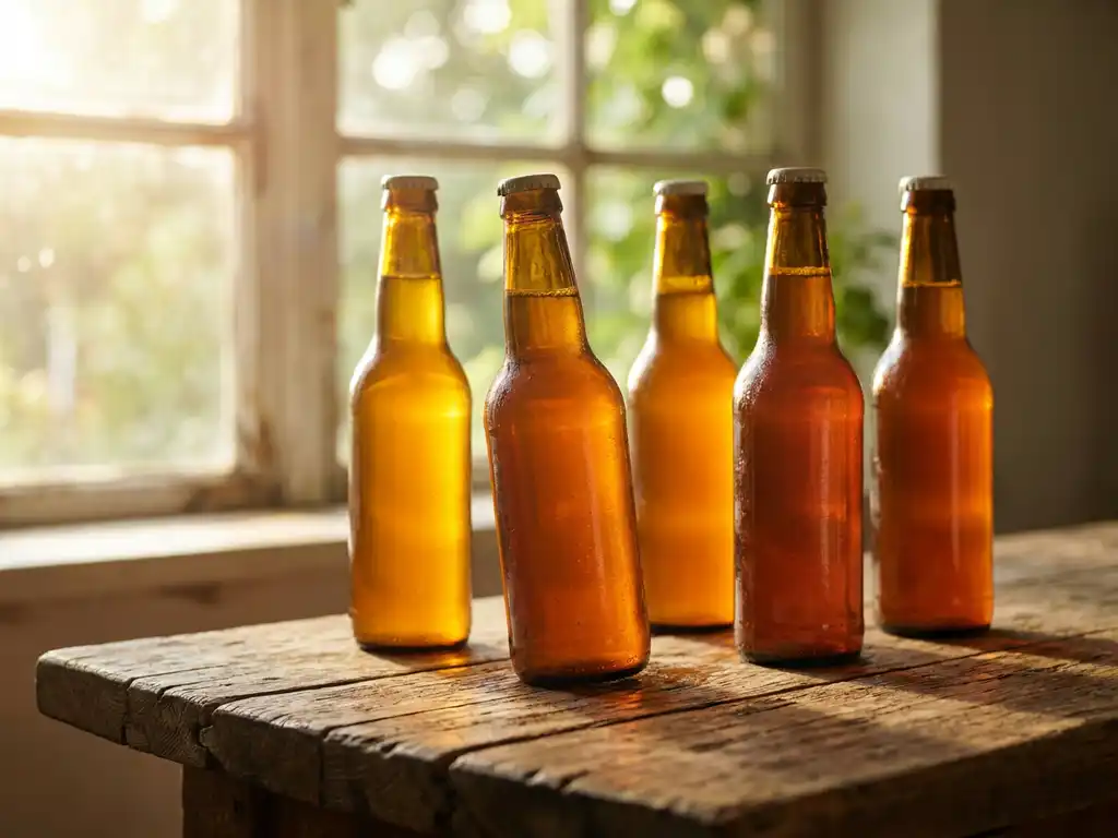 Vijf gouden IPA-bierflesjes op rustieke houten tafel met condensdruppels, warme middagzon door raam