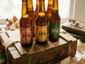 Amber-IPA-Flaschen mit goldenen Schaumkronen auf einer rustikalen Geschenkbox aus Holz in natürlichem Licht