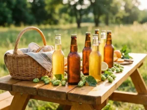Holz-Picknicktisch mit goldenen IPA-Flaschen, einem Weidenkorb und frischen Hopfenblüten im warmen Nachmittagslicht