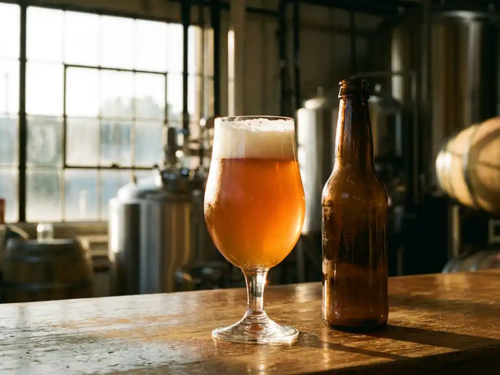 Kristalhelder IPA-glas met goudamber bier en romige witte schuimkraag op rustieke houten bar naast ambachtelijke bierfles