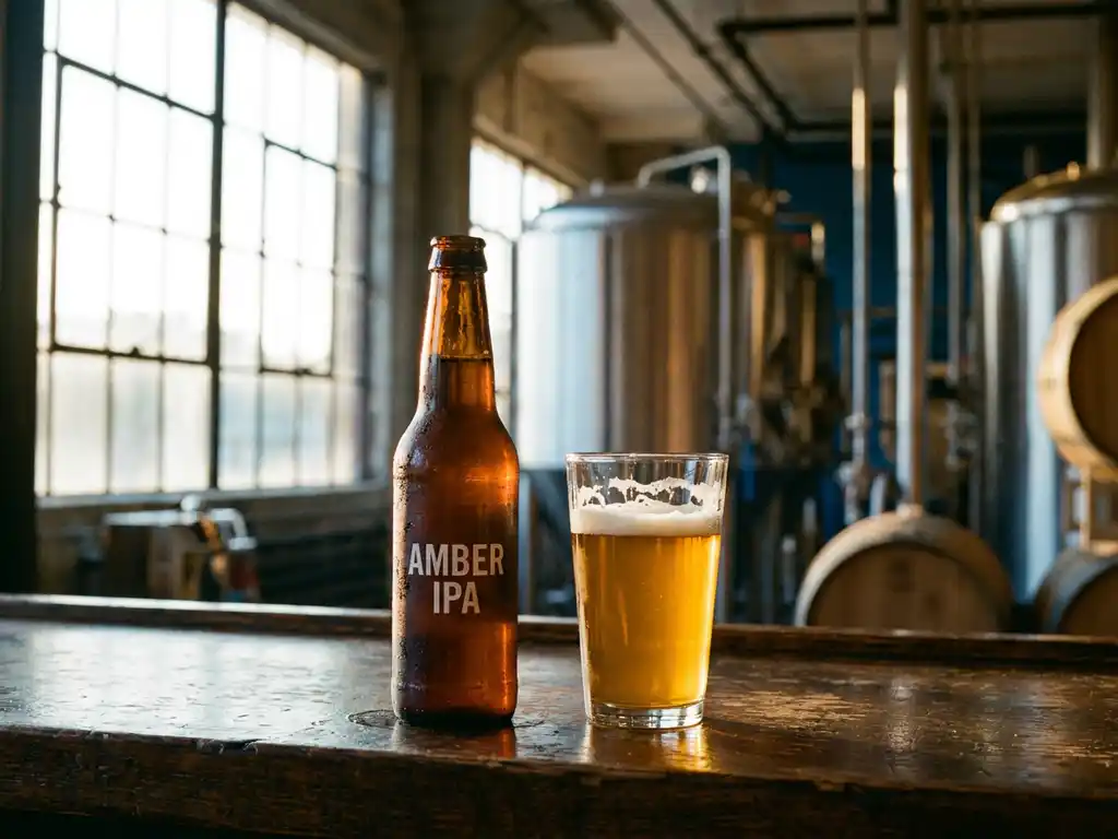 Gekoelde amber IPA fles met condensdruppels naast halfvol glas gouden bier op rustieke houten bar in brouwerij