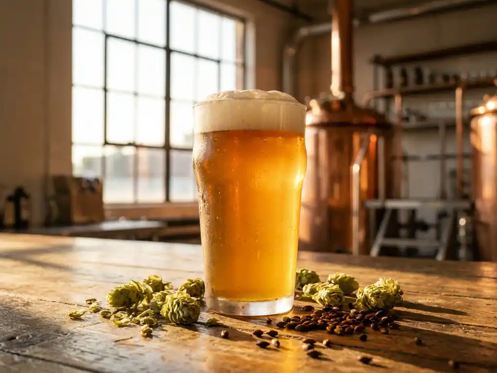 Gouden IPA-bier in beslagen glas op houten bar met hopbellen en geroosterde gerst, warme zonnestralen door brouwerij raam