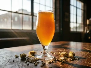 Recepten en Blog 3 Gouden IPA-glas gevuld met troebel amberbier op rustieke houten brouwerijstafel, omringd door verse hopbellen en gerstkorrels