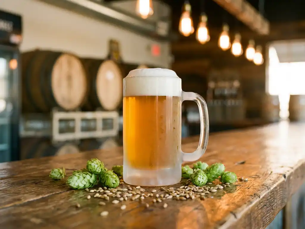 Berijpt bierglas gevuld met gouden IPA op rustieke houten bar, omringd door verse hopbellen en gerstkorrels