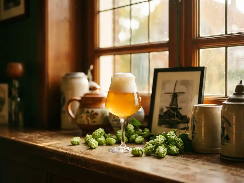 Gouden IPA-bier in tulpglas op rustieke houten bar met verse hopbellen en vintage brouwerij-memorabilia in warm zonlicht