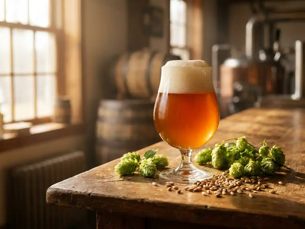 Gouden IPA-bierglas gevuld met amberbier en witte schuimkraag op rustieke houten bar, omringd door verse hopbellen en moutkorrels