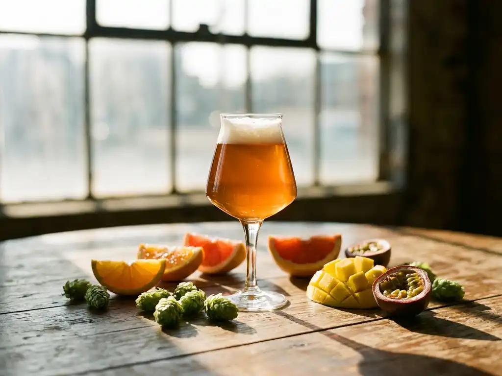 IPA bierglas met gouden bier en witte schuimkraag op houten tafel met citrusschijfjes, hopbellen en tropisch fruit