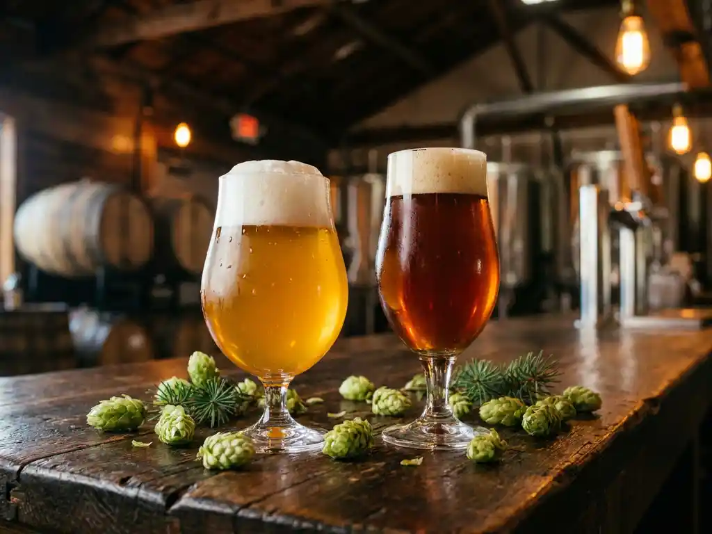 Twee IPA bierglazen op houten bar, links gouden bier met witte schuim, rechts amber bier met romige kop, hopbellen rondom
