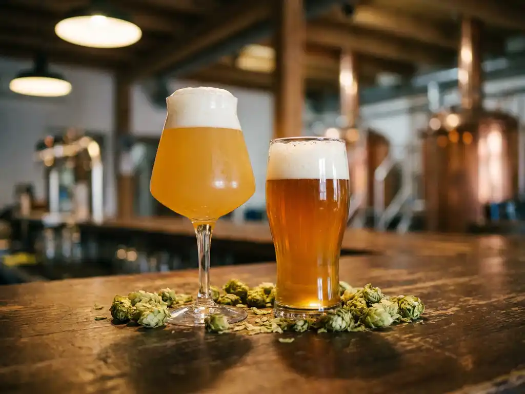 Twee IPA-bierglazen op houten bar, één met troebel gouden East Coast IPA, ander met heldere amber West Coast IPA, hopbellen rondom
