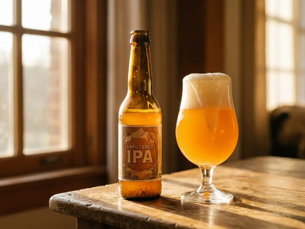 IPA-fles met goudkleurig bier en helder glas met schuimkraag op rustieke houten tafel in warm zonlicht