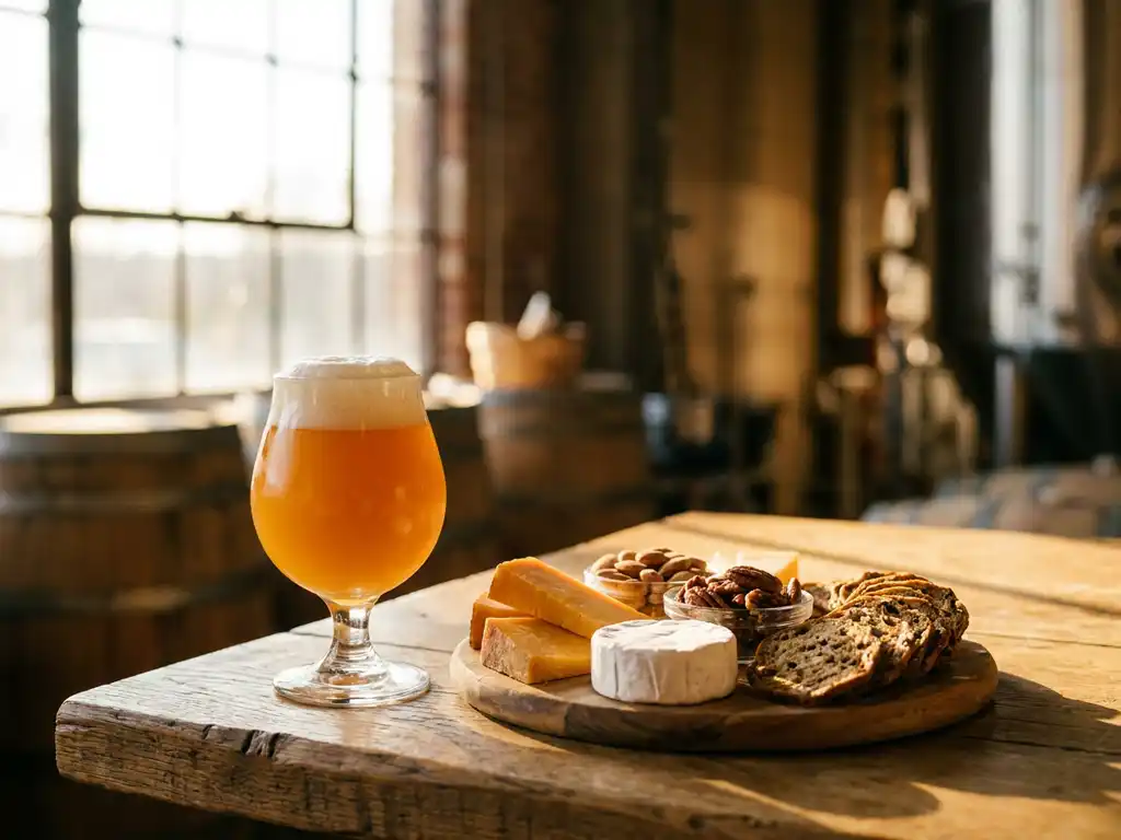 Gouden IPA-bierglas met schuim naast houten charcuterieplank met kazen, noten en crackers in warm zonlicht
