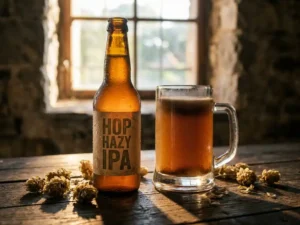 Eine frische IPA-Flasche mit Kondenswassertropfen neben einem Glas mit oxidiertem Bier auf einem hölzernen Brauereitisch mit Hopfenblüten