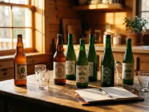 Sechs verschiedene IPA-Bierflaschen auf einem hölzernen Küchentisch mit Verkostungsgläsern und einem Notizbuch im warmen Nachmittagslicht