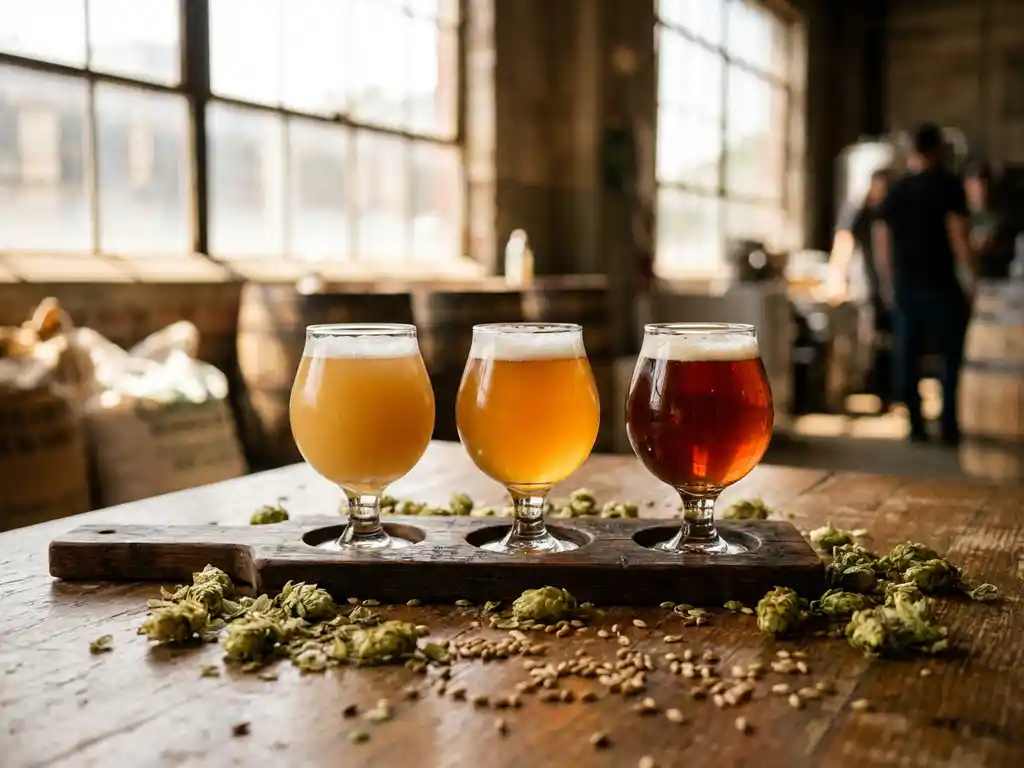 Houten proeverijplank met drie gouden IPA-glazen in oplopende hopintensiteit op rustieke brouwerijtagel met hopbellen