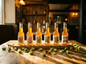 Recepten en Blog 6 Houten proeverij plank met zes verschillende IPA flessen en verse hop kegels op rustieke eiken ondergrond in gouden uurtje licht