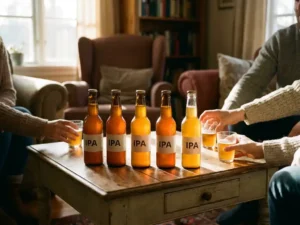 Sechs IPA-Bierflaschen mit Verkostungsgläsern auf einem rustikalen Holztisch; Freunde greifen in einem gemütlichen Wohnzimmer nach den Gläsern
