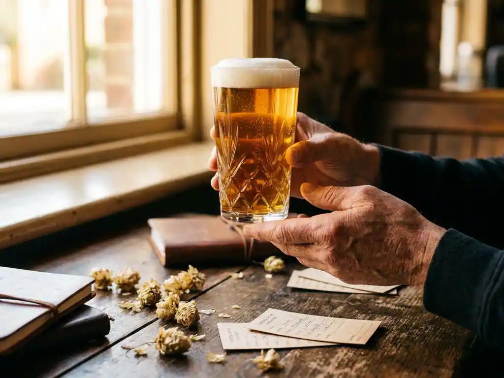 Kristallen glas met gouden IPA-bier op ooghoogte, perfecte schuimkraag, hopbellen en proefnotities op houten tafel