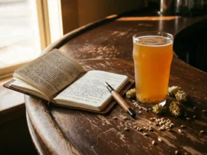 Recepten en Blog 2 Open leren proefnotitie-boek naast gouden IPA-glas op rustieke houten bar, vulpen boven handgeschreven aantekeningen
