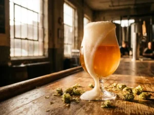 Recepten en Blog 4 Tulpenglas mit IPA-Bier und dicker weißer Schaumkrone auf einer Holzbar mit Hopfenblüten, warmes goldenes Licht