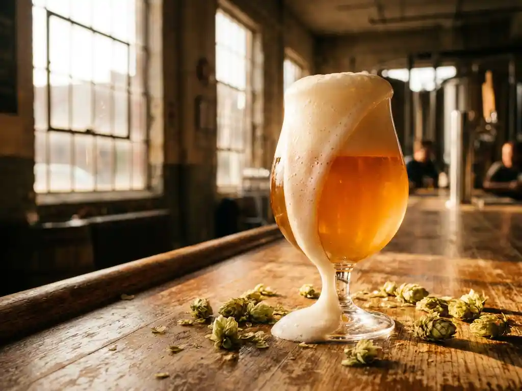 Tulpglas met IPA bier en dikke witte schuimkraag op houten bar met hopbellen, warme gouden verlichting