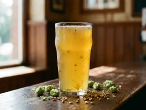 Goldfarbenes IPA-Bier mit trüber Textur im Glas auf einer Holzbar, umgeben von frischen Hopfenblüten und Gerstenkörnern