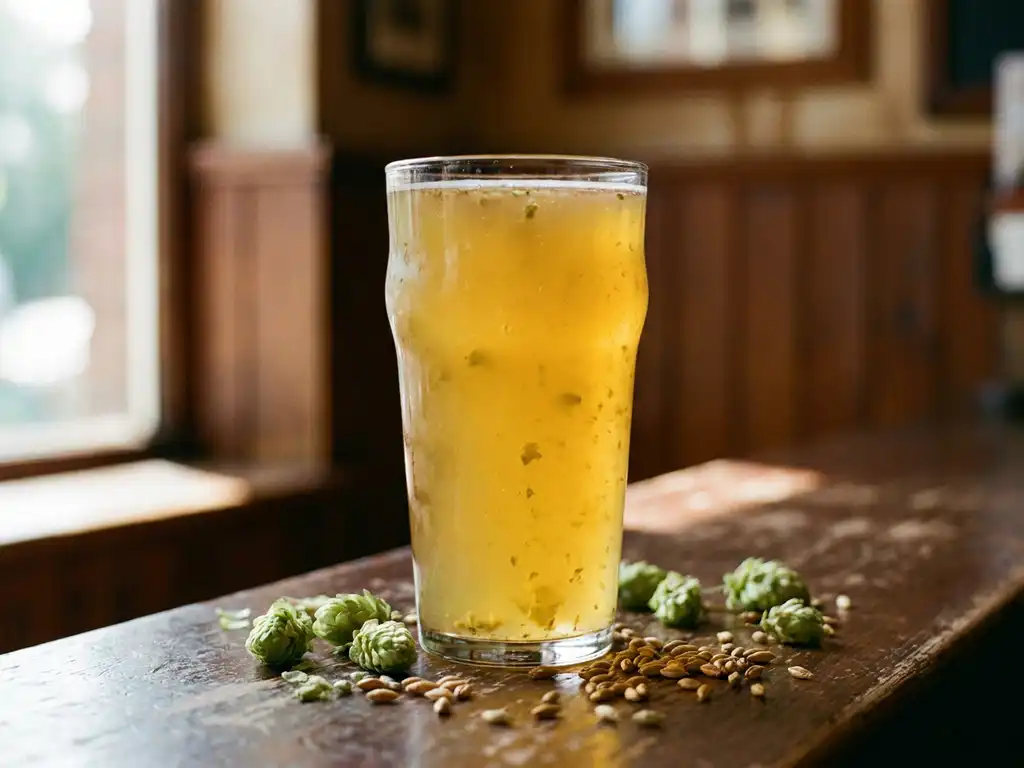 Gouden IPA-bier met troebele textuur in glas op houten bar, omringd door verse hopbellen en gerstkorrels