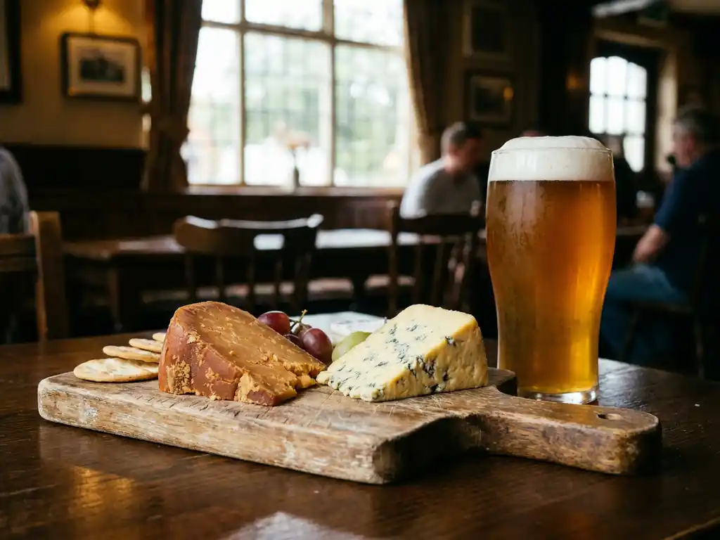 Rustieke houten kaasplank met oude gouda en blauwe kaas naast glas gouden IPA bier in gezellige pubsfeer