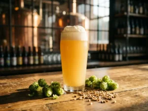 Recepten en Blog 5 Glas met romige milkshake IPA bier en witte schuimkraag op houten bar naast hopbellen en gerstemout in brouwerij