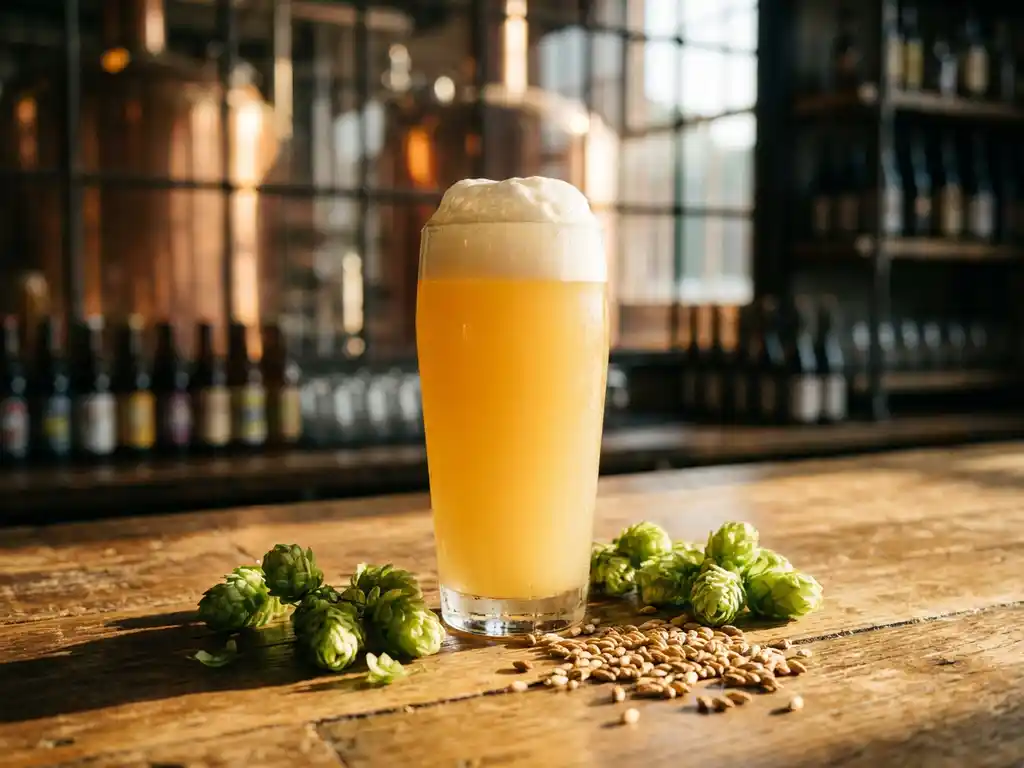 Glas met romige milkshake IPA bier en witte schuimkraag op houten bar naast hopbellen en gerstemout in brouwerij