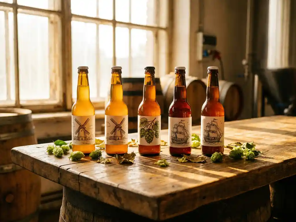Vijf Nederlandse craft IPA-flessen op rustieke houten proeftafel met hopbellen in warm zonlicht