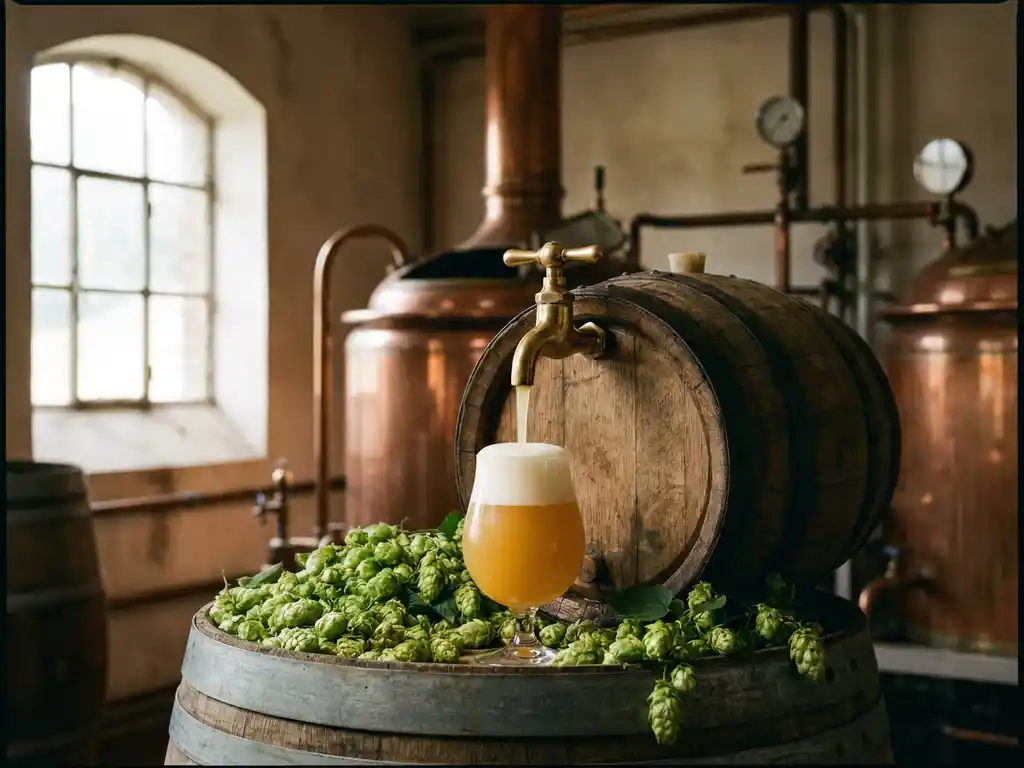 Verweerde houten vat omringd door verse hopbellen en vintage koperen brouwapparatuur, gouden New England IPA stroomt uit antieke messing kraan in tulpglas met rijke schuimkraag