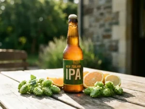 Gekühlte Flasche „New Zealand IPA“ mit Kondenswassertropfen zwischen frischem Hopfen und Zitrusscheiben auf einem hölzernen Brauereitisch