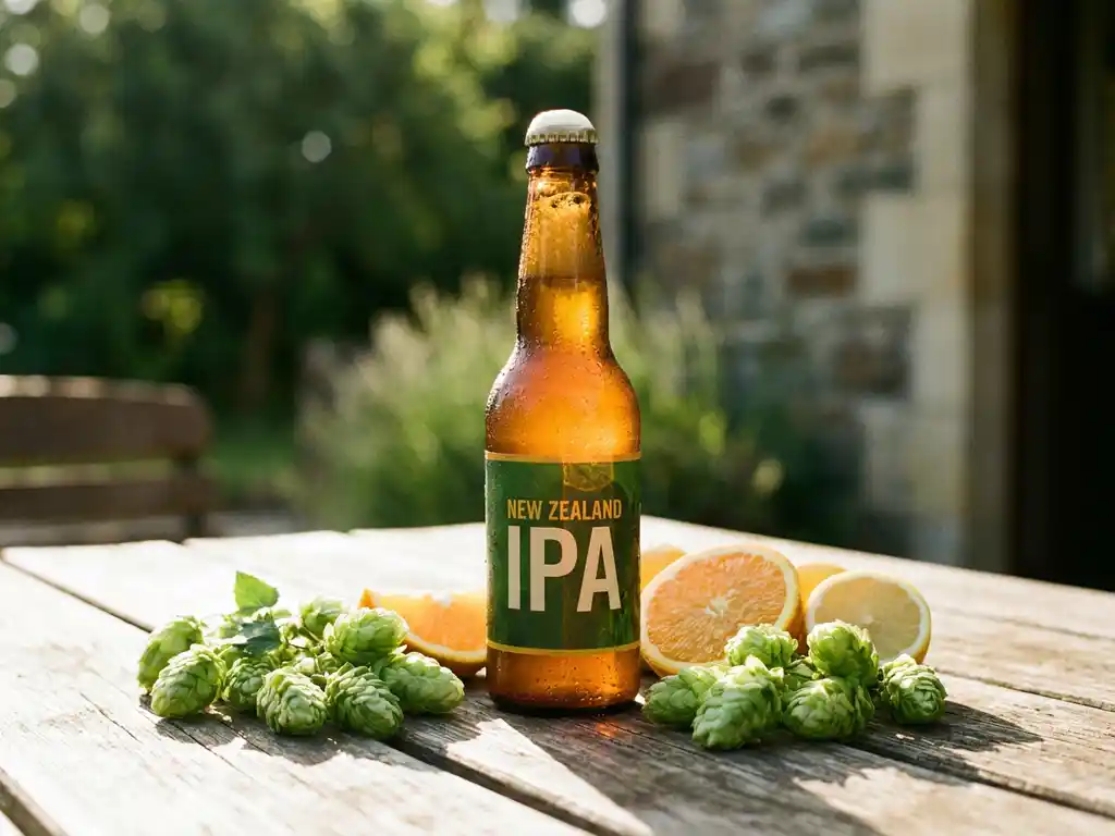 Gekoelde New Zealand IPA fles met condensdruppels tussen verse hop en citrusschijfjes op houten brouwerijstafel