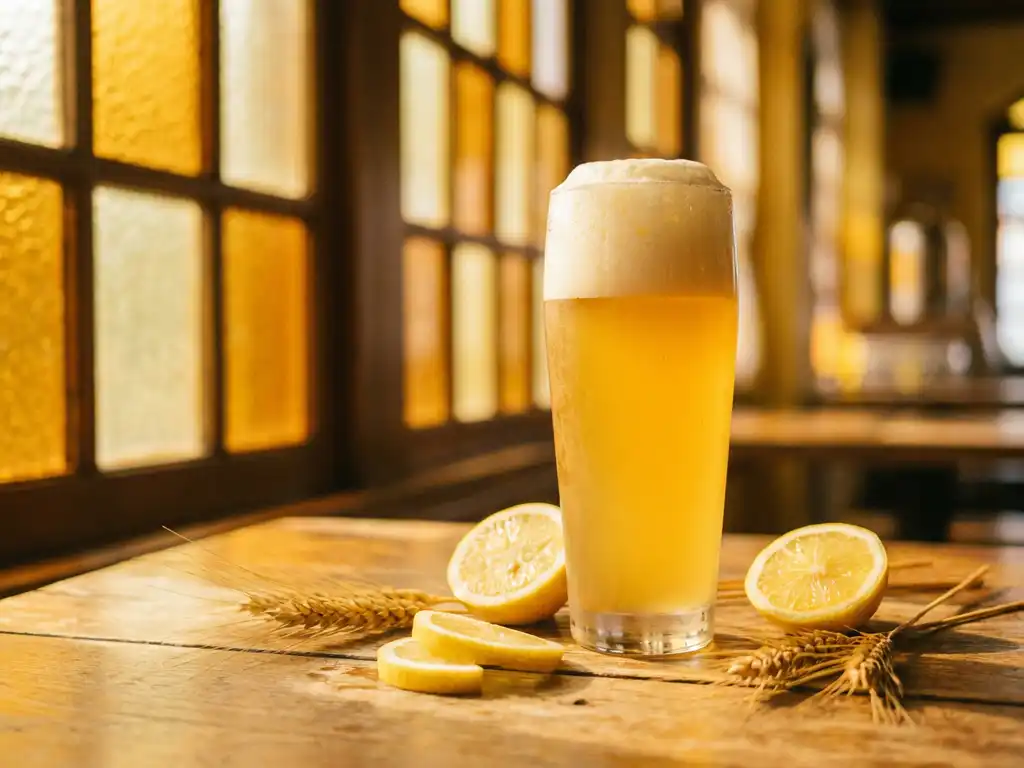 Glas gouden Radler bier met citrusschuim op houten brouwerij tafel, verse citroenpartjes en tarwestengels, zonlicht