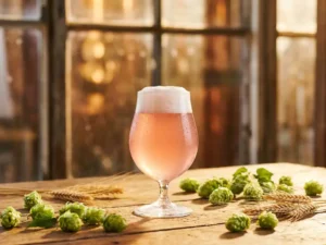 Recepten en Blog 3 Gekoeld glas roze bier met schuimkraag op houten brouwerijtagel, omringd door verse hop en gerst in zonlicht