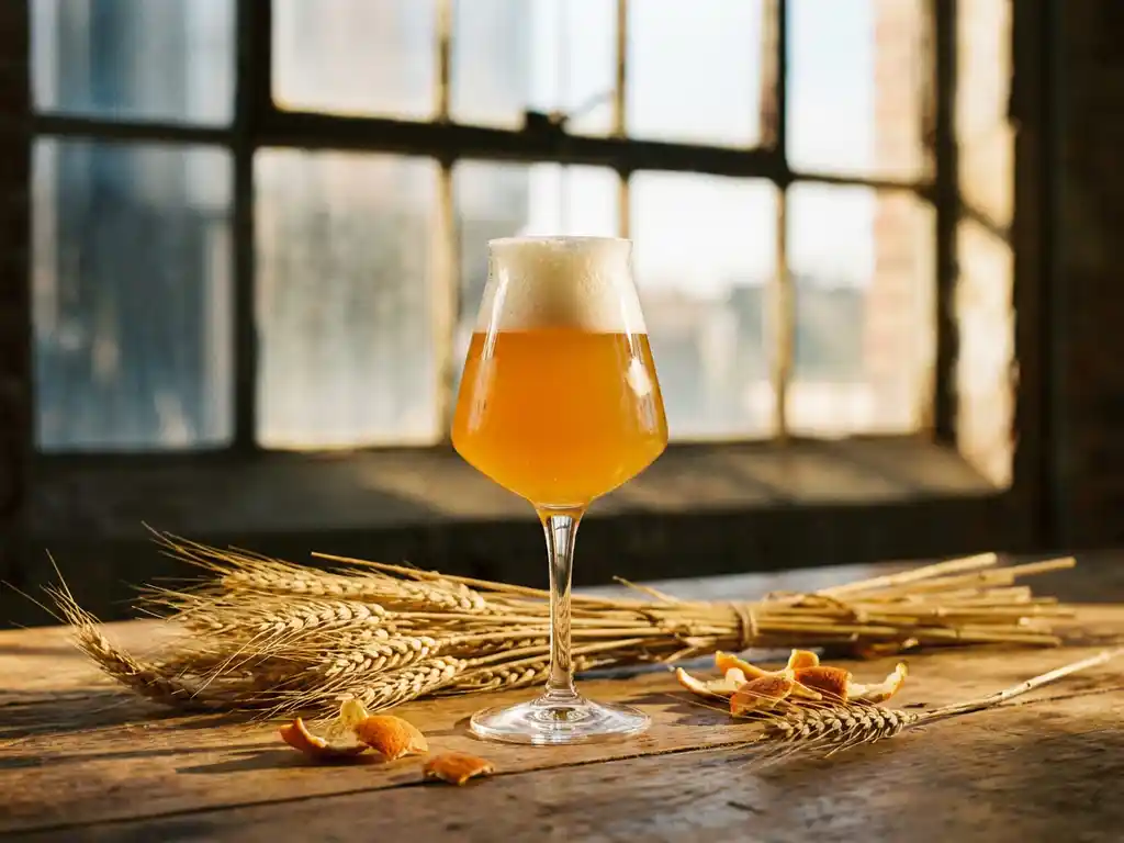 Gouden Saison bier in hoog glas met schuimkraag op houten tafel, omringd door tarwestengels en sinaasappelschil