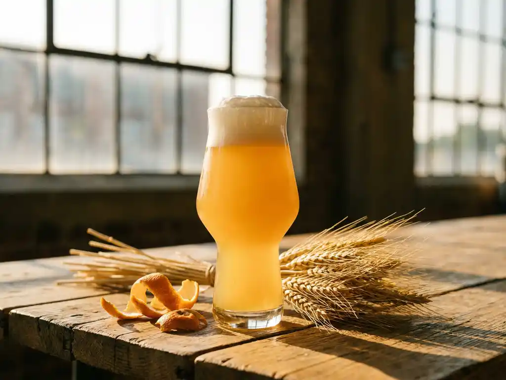 Gouden Saison bierglas met troebel tarwebier en witte schuimkraag op rustieke houten tafel naast tarwestengels en gedroogde sinaasappelschil