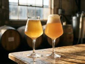 Recepten en Blog 1 Twee elegante bierglazen op verweerde houten tafel, gevuld met gouden Saison en bleke Farmhouse Ale met schuimkraag
