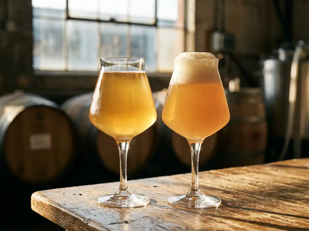 Twee elegante bierglazen op verweerde houten tafel, gevuld met gouden Saison en bleke Farmhouse Ale met schuimkraag