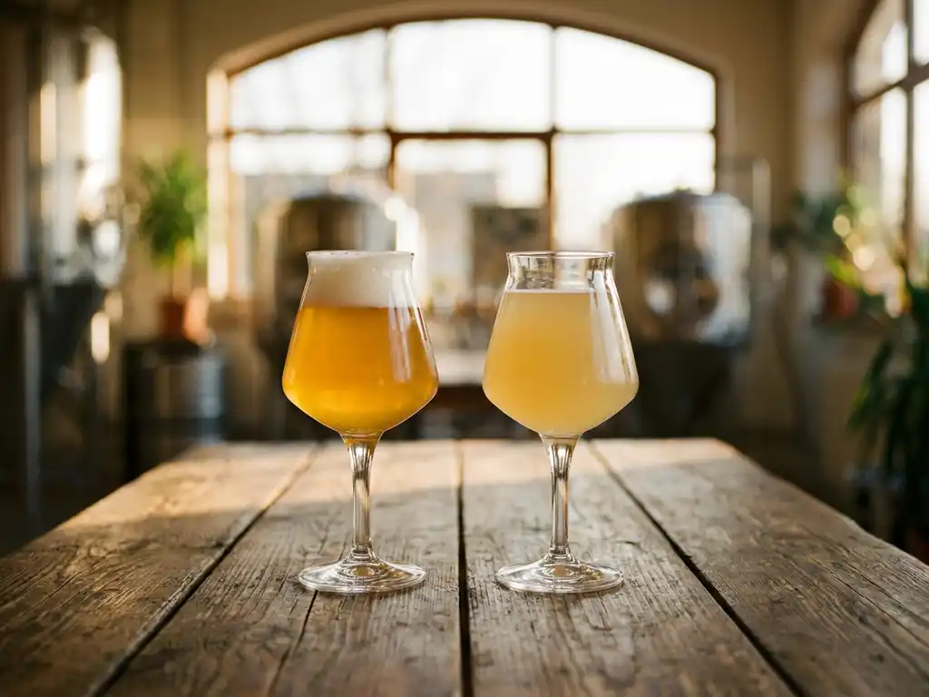 Twee elegante bierglazen op rustieke houten tafel, één met gouden Saison bier en witte schuimkraag, ander met troebel tarwebier