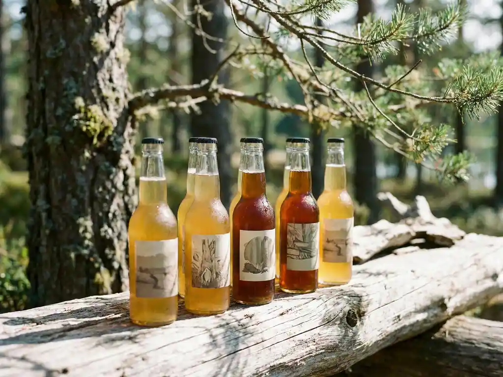 Scandinavische ambachtelijke bierflesjes op verweerd drijfhout tussen Noordse dennenbomen met gefilterd daglicht