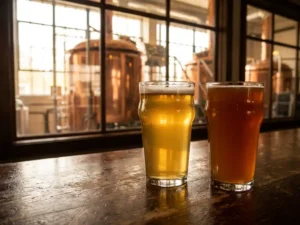 Recepten en Blog 1 Twee ambachtelijke bierenglazen op rustieke houten bar, een met gouden session IPA en een met donkerder amber IPA